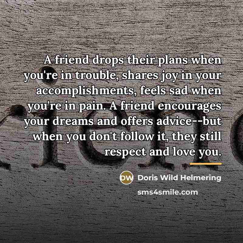 “A friend drops their plans when you're in trouble, shares…” quote by Doris Wild Helmering