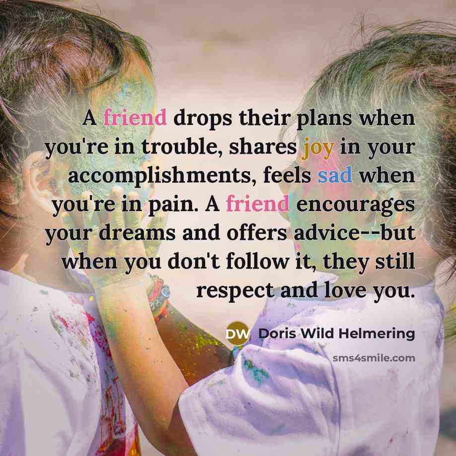 “A friend drops their plans when you're in trouble, shares joy in your accomplishments, feels sad when you're in pain. A friend encourages your dreams and offers advice--but when you don't follow it, they still respect and love you.” quote by Doris Wild Helmering