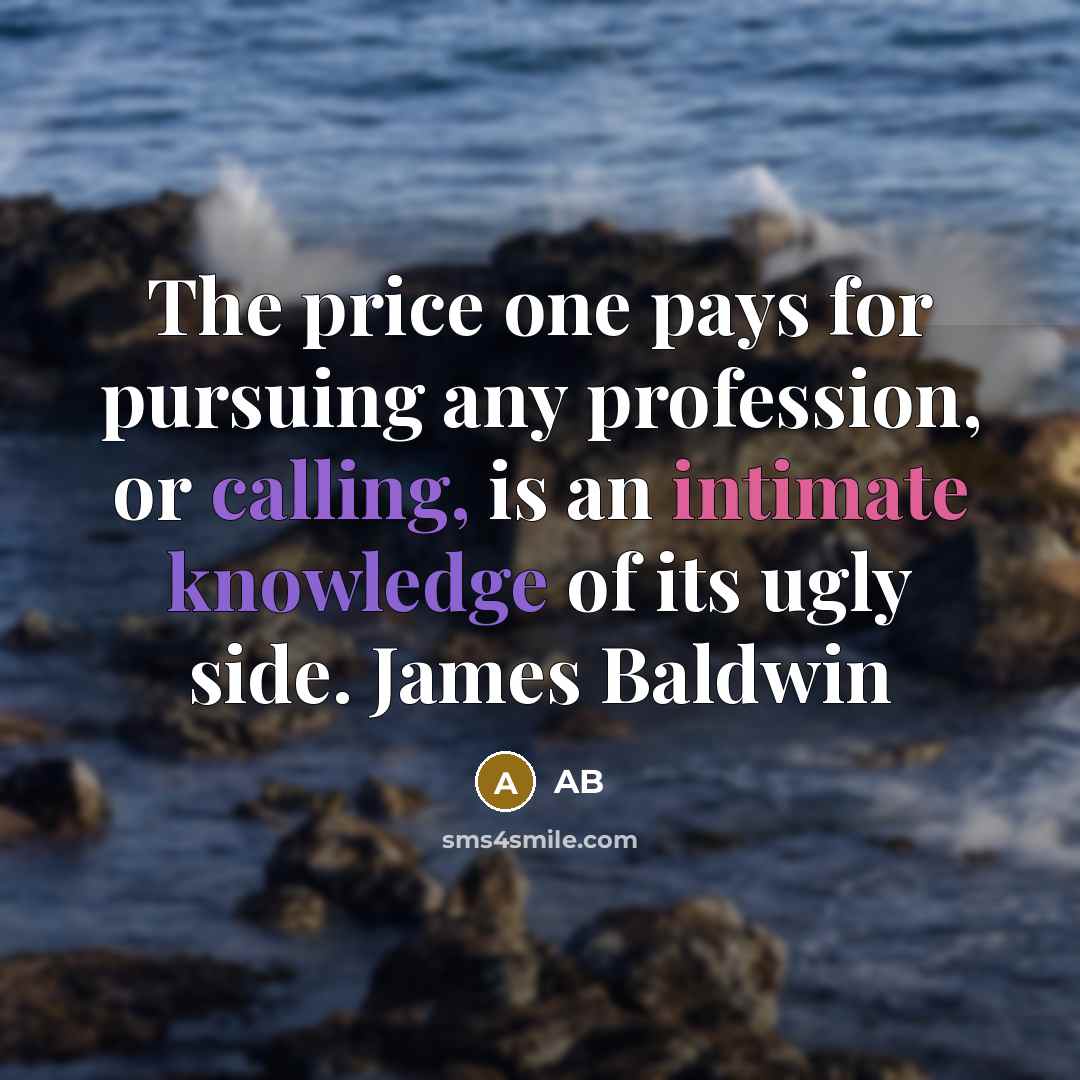“The price one pays for pursuing any profession, or calling, is an intimate knowledge of its ugly side. James Baldwin” quote by AB