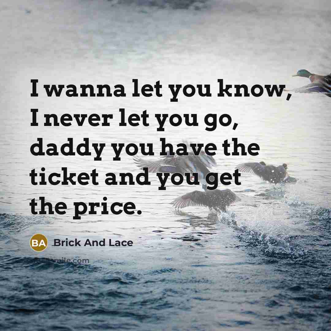 “I wanna let you know, I never let you go, daddy you have the ticket and you get the price.” quote by Brick And Lace
