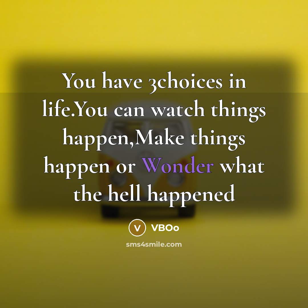 “You have 3choices in life.You can watch things happen,Make things happen or Wonder what the hell happened” quote by VBOo