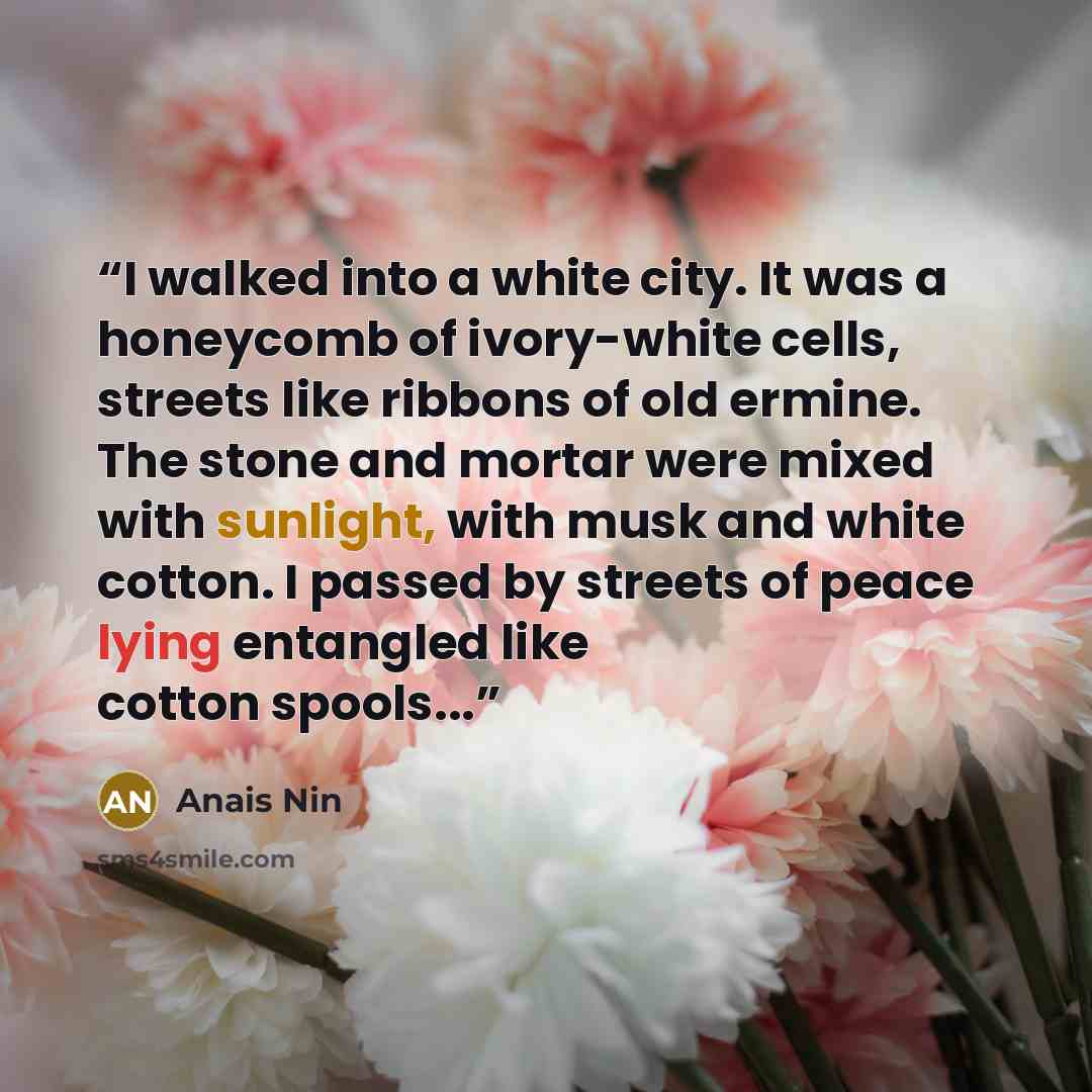 “I walked into a white city. It was a honeycomb of ivory-white cells, streets like ribbons of old ermine. The stone and mortar were mixed with sunlight, with musk and white cotton. I passed by streets of peace lying entangled like cotton spools...” quote by Anaïs Nin