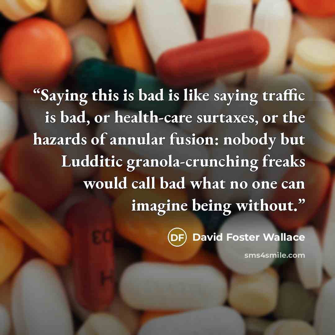 “Saying this is bad is like saying traffic is bad, or health-care surtaxes, or the hazards of annular fusion: nobody but Ludditic granola-crunching freaks would call bad what no one can imagine being without.” quote by David Foster Wallace