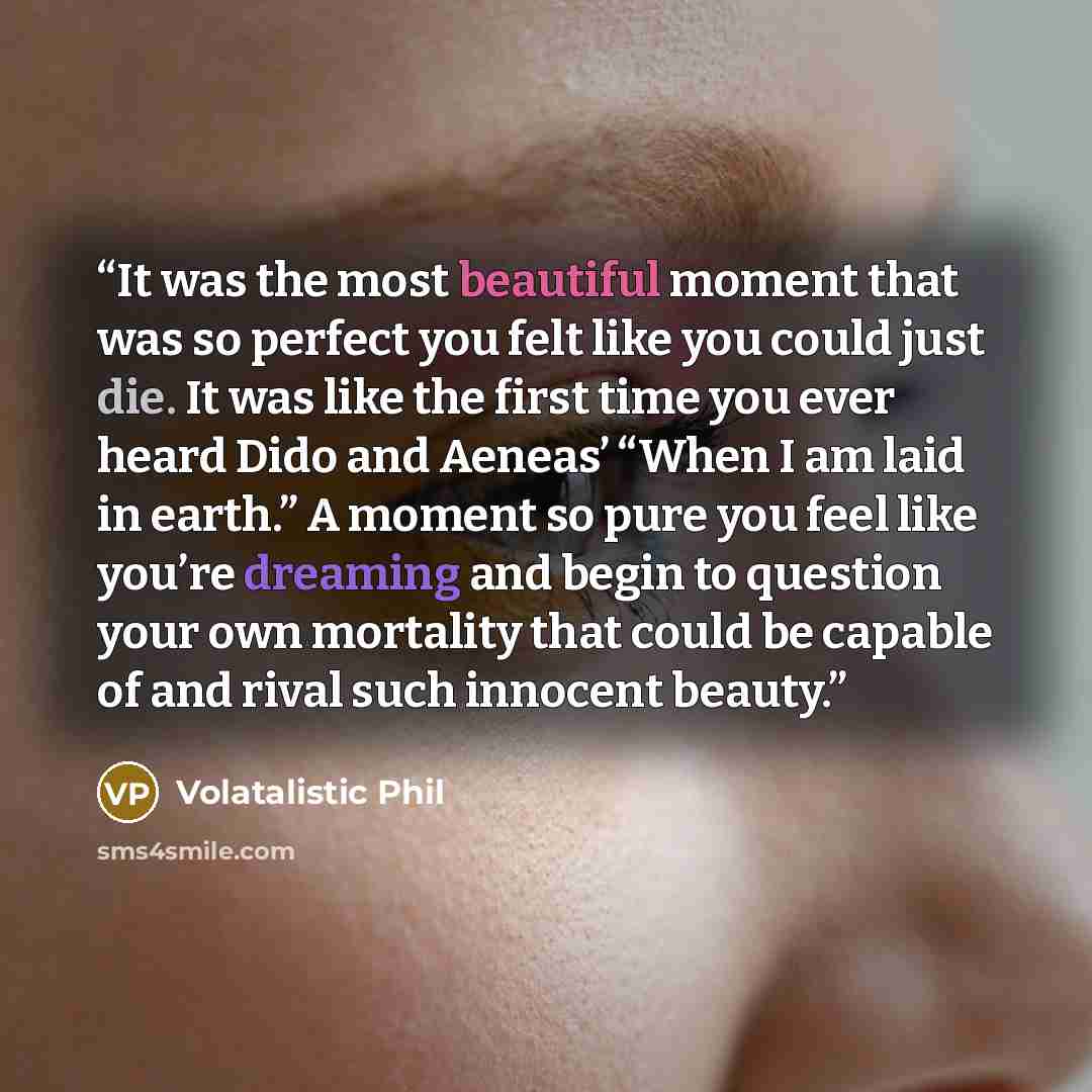 “It was the most beautiful moment that was so perfect you felt like you could just die. It was like the first time you ever heard Dido and Aeneas’ “When I am laid in earth.” A moment so pure you feel like you’re dreaming and begin to question your own mortality that could be capable of and rival…” quote by Volatalistic Phil