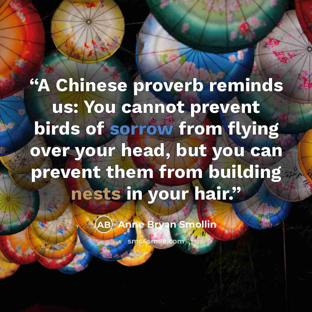“A Chinese proverb reminds us: You cannot prevent birds of sorrow from flying over your head, but you can prevent them from building nests in your hair.” quote by Anne Bryan Smollin