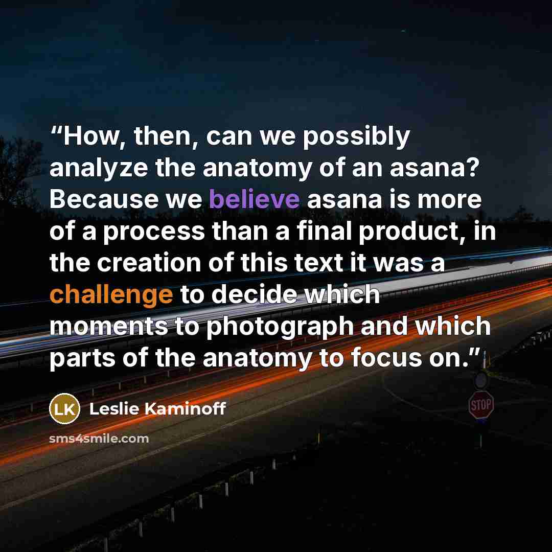 “How, then, can we possibly analyze the anatomy of an asana? Because we believe asana is more of a process than a final product, in the creation of this text it was a challenge to decide which moments to photograph and which parts of the anatomy to focus on.” quote by Leslie Kaminoff