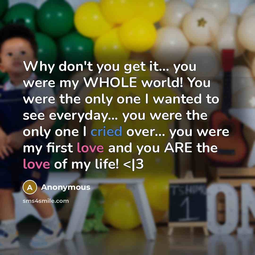 “Why don't you get it... you were my WHOLE world! You were the only one I wanted to see everyday... you were the only one I cried over... you were my first love and you ARE the love of my life!” quote by Anonymous