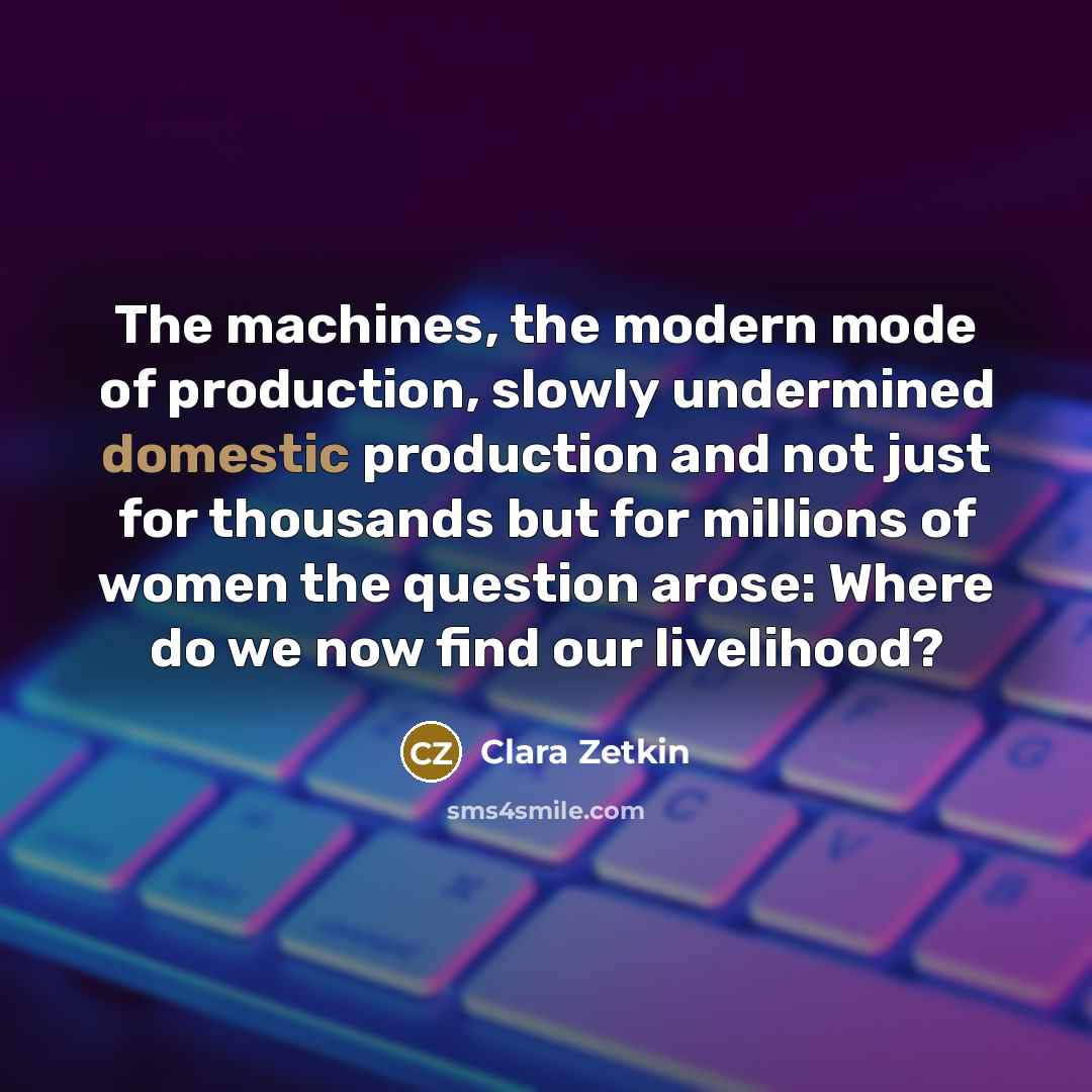 “The machines, the modern mode of production, slowly undermined domestic…” quote by Clara Zetkin