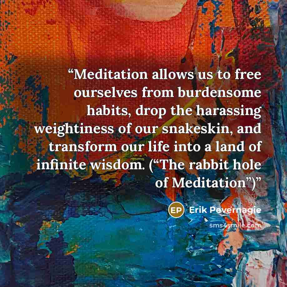“Meditation allows us to free ourselves from burdensome habits, drop the harassing weightiness of our snakeskin, and transform our life into a land of infinite wisdom. (“The rabbit hole of Meditation”)” quote by Erik Pevernagie