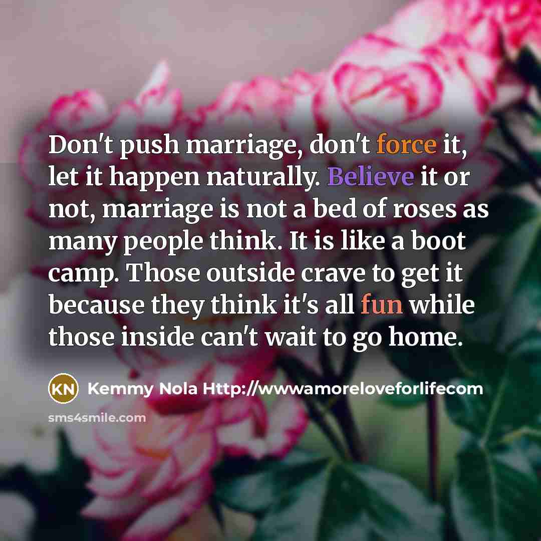 “Don't push marriage, don't force it, let it happen naturally.…” quote by Kemmy Nola Http://wwwamoreloveforlifecom