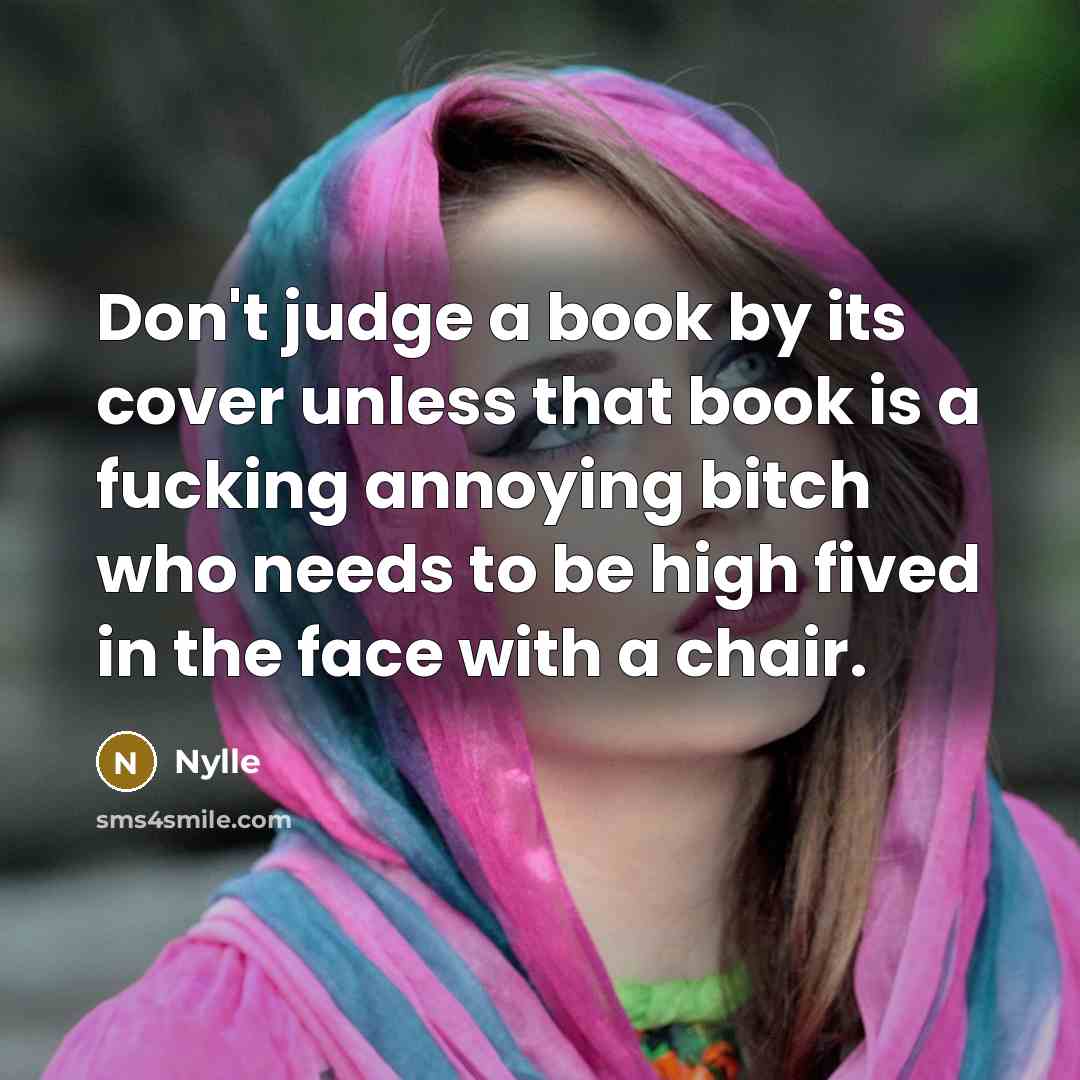 “Don't judge a book by its cover unless that book is a fucking annoying bitch who needs to be high fived in the face with a chair.” quote by Nylle