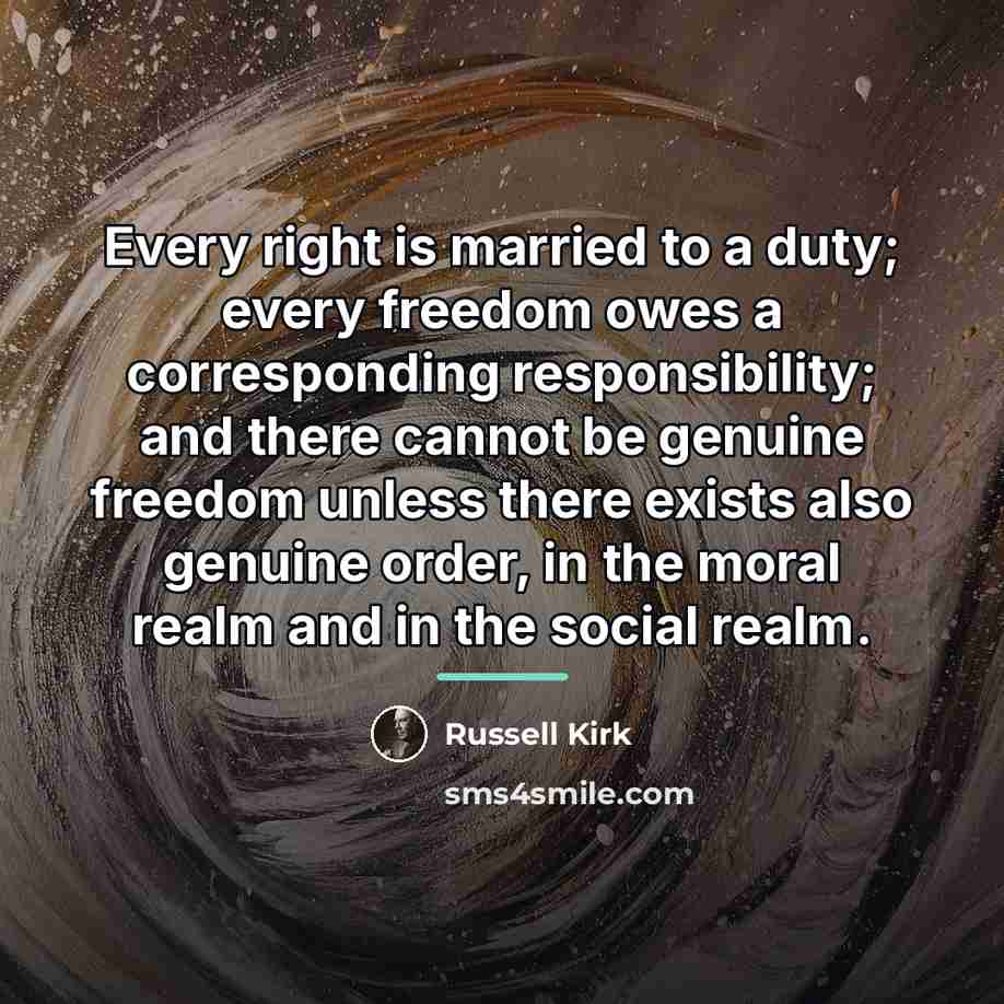 “Every right is married to a duty; every freedom owes…” quote by Russell Kirk