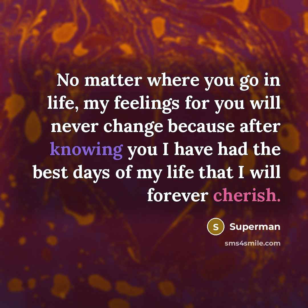 “No matter where you go in life, my feelings for you will never change because after knowing you I have had the best days of my life that I will forever cherish.” quote by Superman