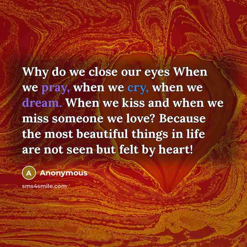 “Why do we close our eyes When we pray, when we cry, when we dream. When we kiss and when we miss someone we love? Because the most beautiful things in life are not seen but felt by heart!” quote by Anonymous
