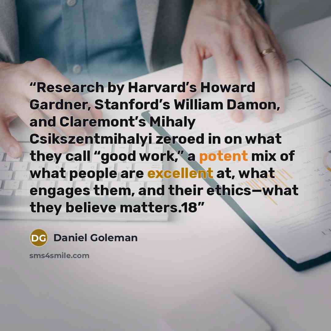 “Research by Harvard’s Howard Gardner, Stanford’s William Damon, and Claremont’s Mihaly Csikszentmihalyi zeroed in on what they call “good work,” a potent mix of what people are excellent at, what engages them, and their ethics—what they believe matters.18” quote by Daniel Goleman