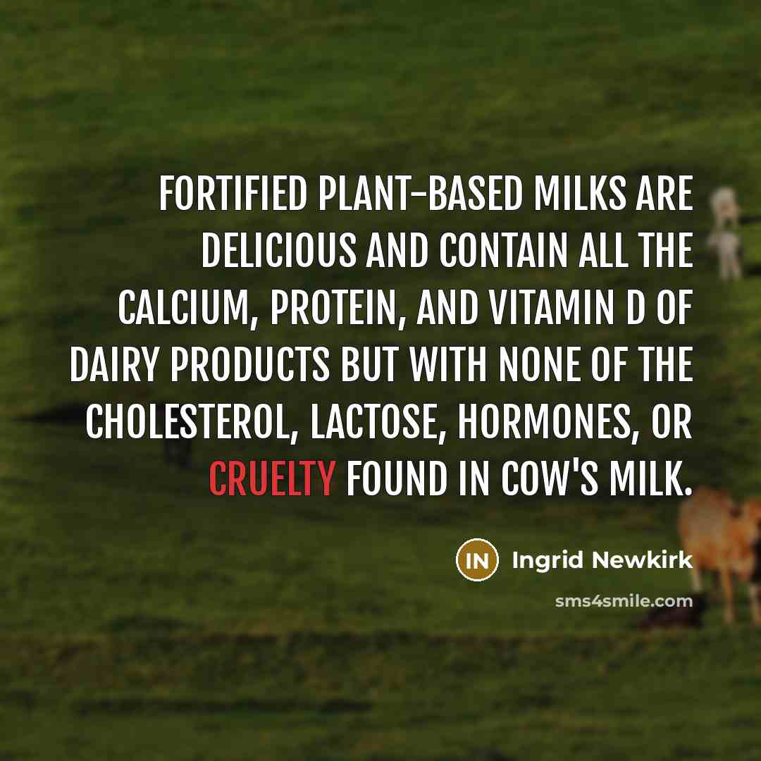 “Fortified plant-based milks are delicious and contain all the calcium,…” quote by Ingrid Newkirk