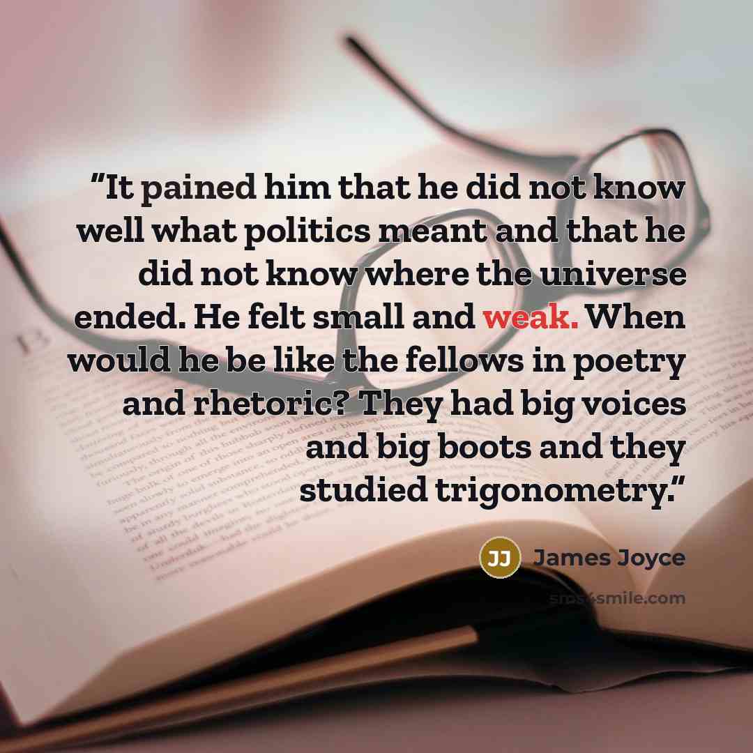 “It pained him that he did not know well what politics meant and that he did not know where the universe ended. He felt small and weak. When would he be like the fellows in poetry and rhetoric? They had big voices and big boots and they studied trigonometry.” quote by James Joyce