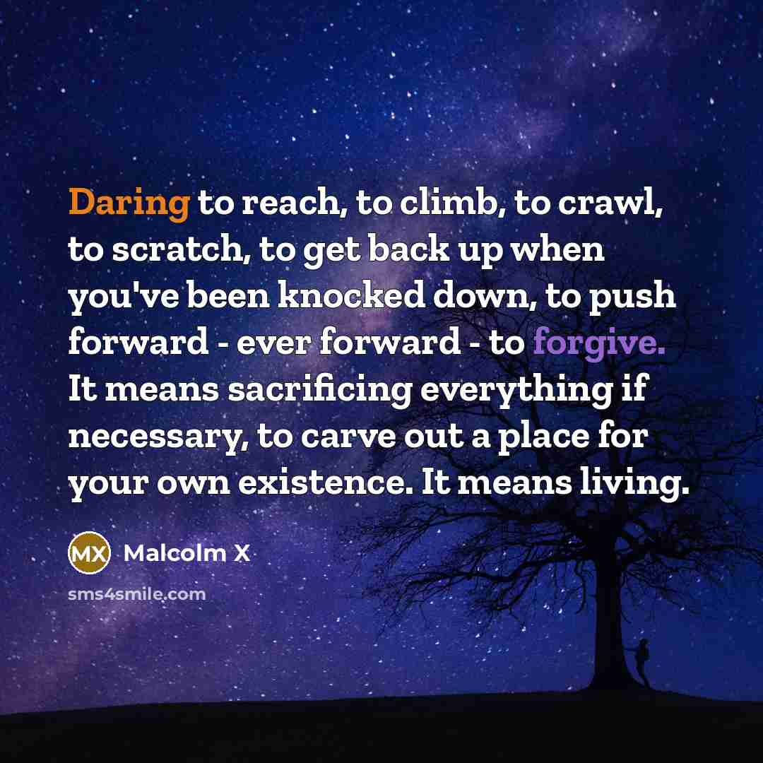 “Daring to reach, to climb, to crawl, to scratch, to get back up when you've been knocked down, to push forward - ever forward - to forgive. It means sacrificing everything if necessary, to carve out a place for your own existence. It means living.” quote by Malcolm X