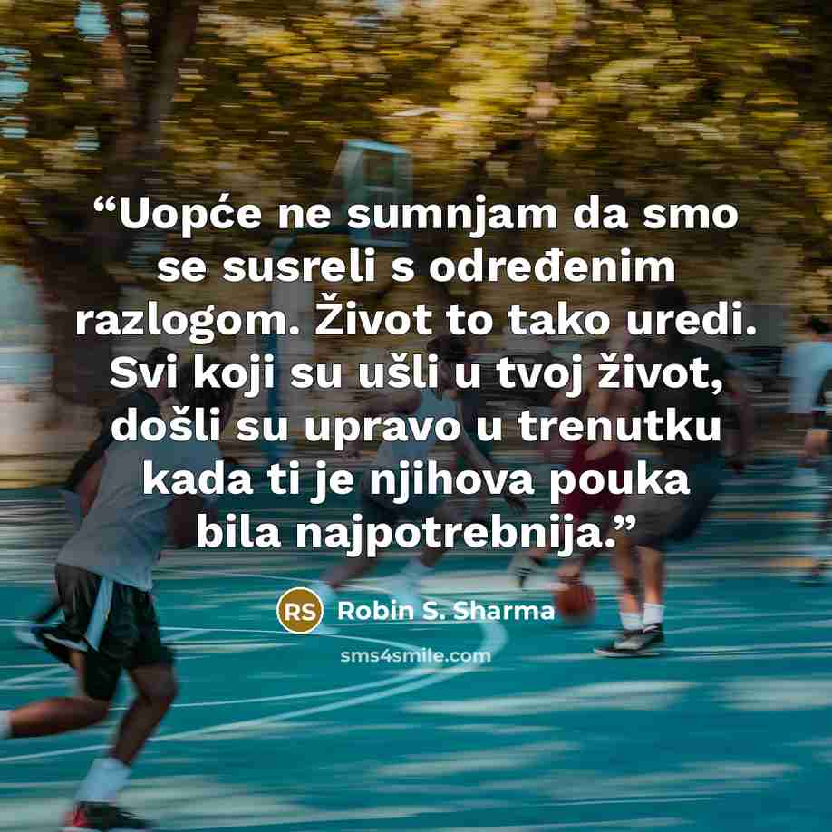 “Uopće ne sumnjam da smo se susreli s određenim razlogom. Život to tako uredi. Svi koji su ušli u tvoj život, došli su upravo u trenutku kada ti je njihova pouka bila najpotrebnija.” quote by Robin S. Sharma
