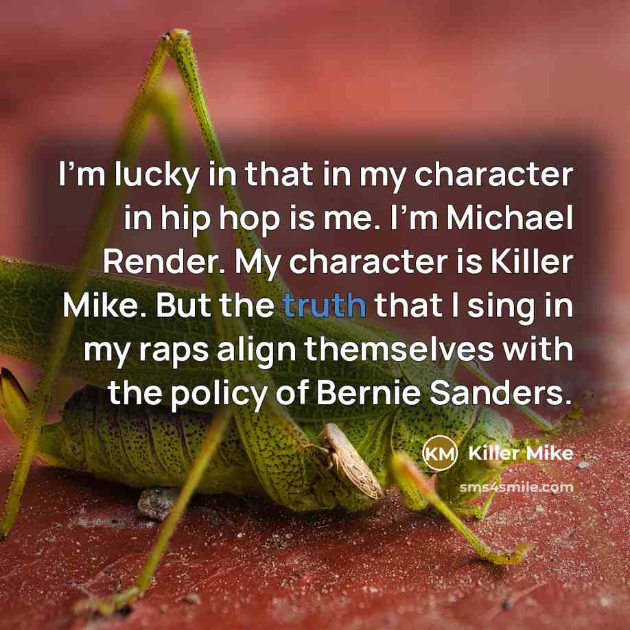 “I'm lucky in that in my character in hip hop is me. I'm Michael Render. My character is Killer Mike. But the truth that I sing in my raps align themselves with the policy of Bernie Sanders.” quote by Killer Mike