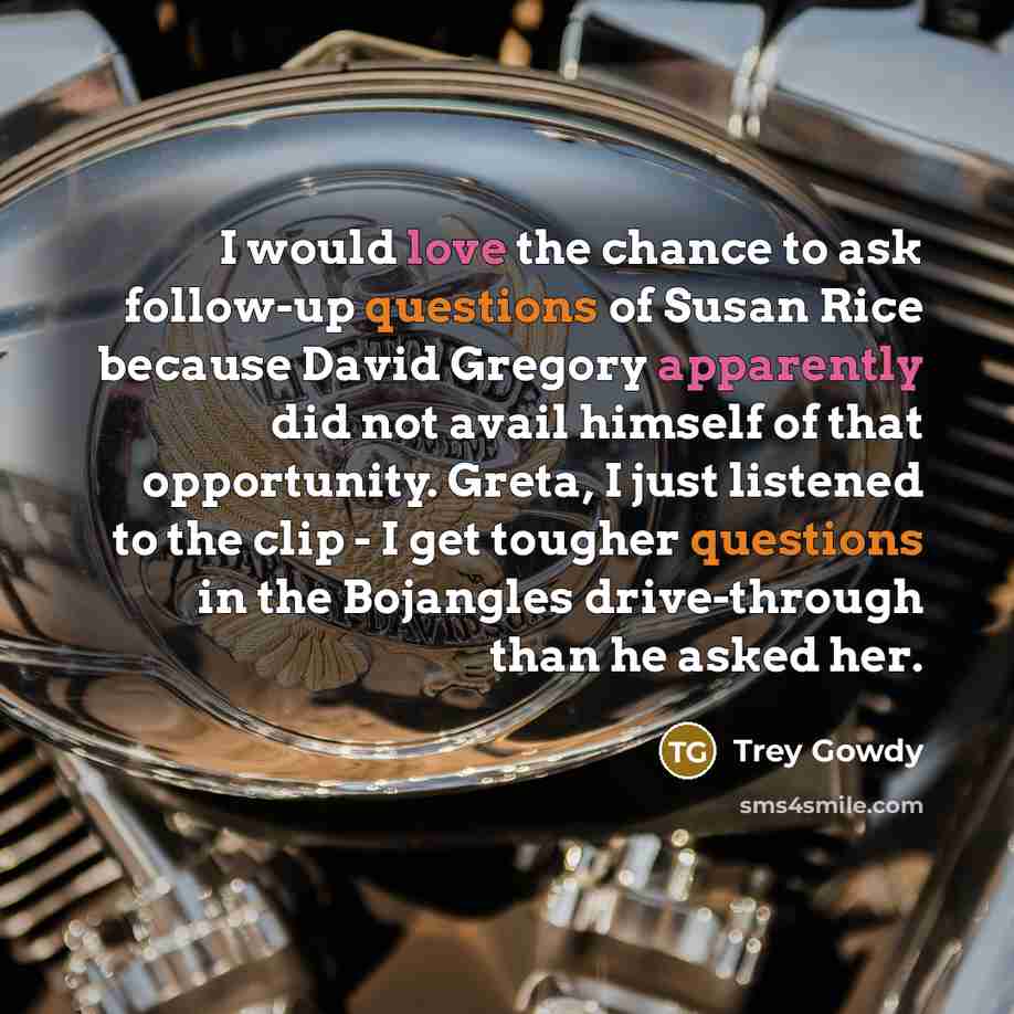 “I would love the chance to ask follow-up questions of Susan Rice because David Gregory apparently did not avail himself of that opportunity. Greta, I just listened to the clip - I get tougher questions in the Bojangles drive-through than he asked her.” quote by Trey Gowdy