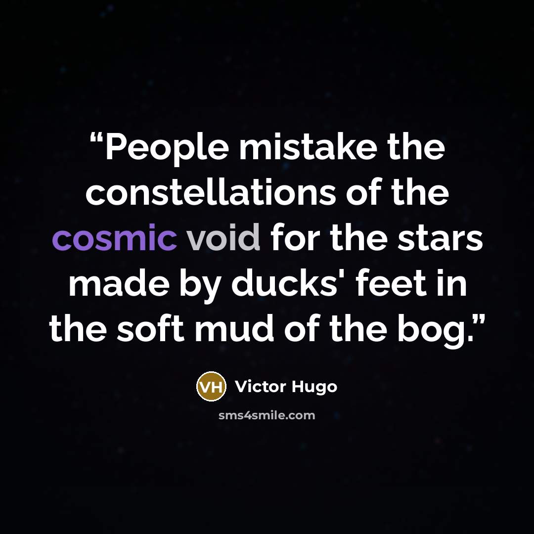 “People mistake the constellations of the cosmic void for the stars made by ducks' feet in the soft mud of the bog.” quote by Victor Hugo