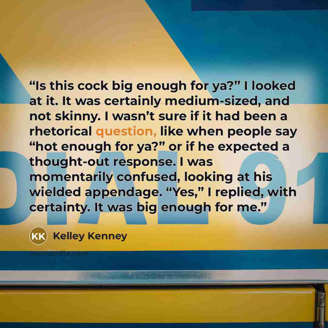 “Is this cock big enough for ya?” I looked at it. It was certainly medium-sized, and not skinny. I wasn’t sure if it had been a rhetorical question, like when people say “hot enough for ya?” or if he expected a thought-out response. I was momentarily confused, looking at his wielded appendage…” quote by Kelley Kenney
