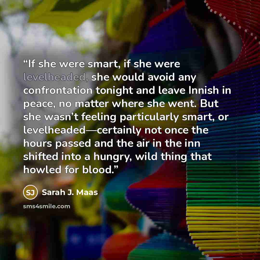 “If she were smart, if she were levelheaded, she would avoid any confrontation tonight and leave Innish in peace, no matter where she went. But she wasn’t feeling particularly smart, or levelheaded—certainly not once the hours passed and the air in the inn shifted into a hungry, wild thing that…” quote by Sarah J. Maas