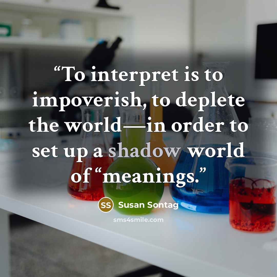 “To interpret is to impoverish, to deplete the world—in order to set up a shadow world of “meanings.” quote by Susan Sontag