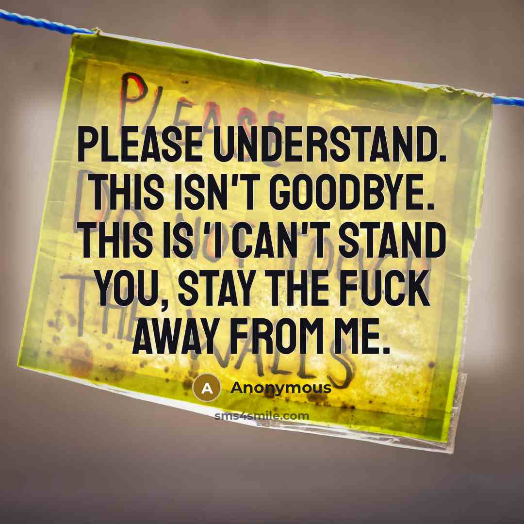 “Please understand. This isn't goodbye. This is 'I can't stand you, stay the fuck away from me.” quote by Anonymous