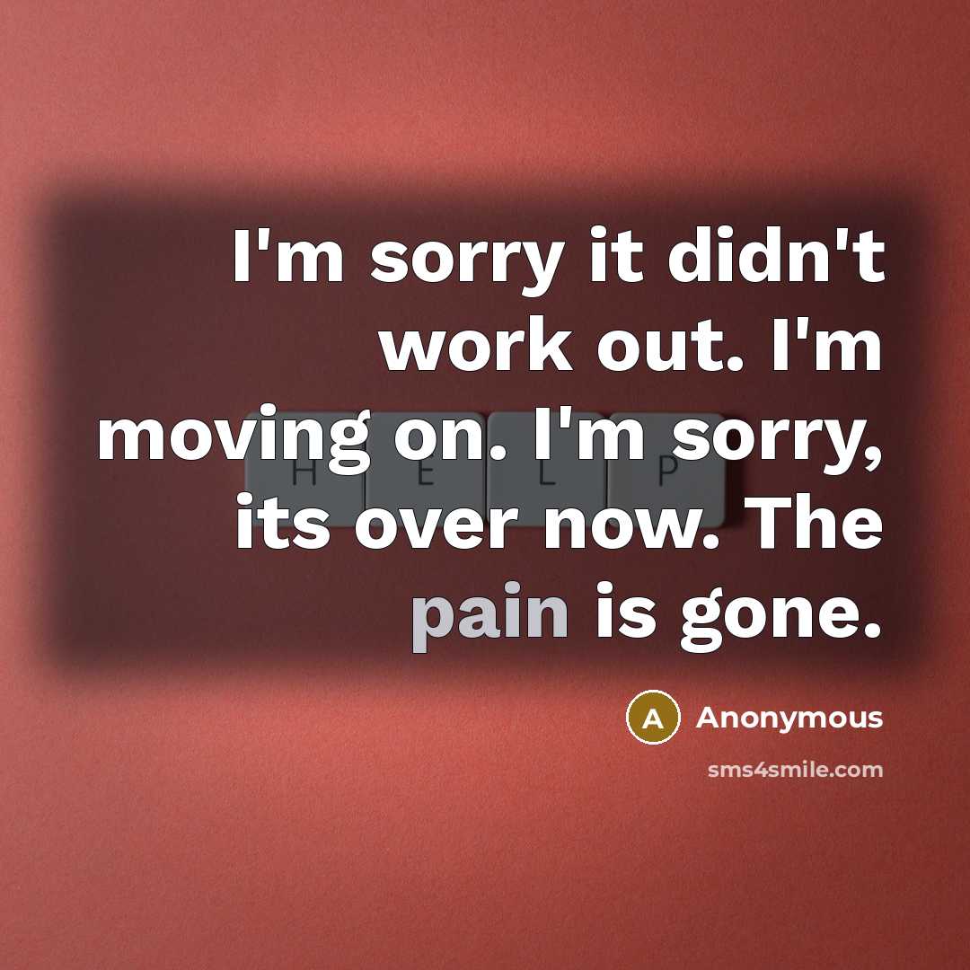 “I'm sorry it didn't work out. I'm moving on. I'm sorry, its over now. The pain is gone.” quote by Anonymous