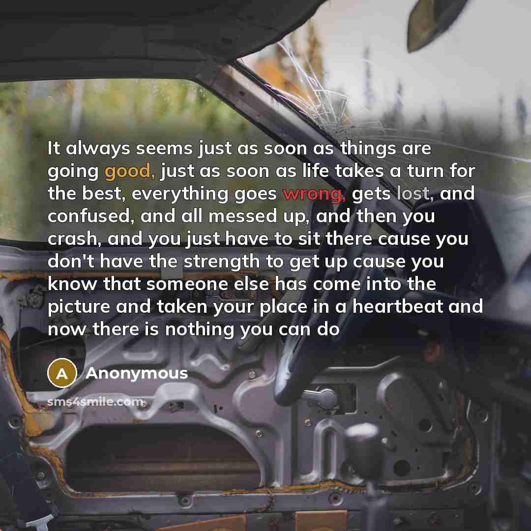 “It always seems just as soon as things are going good, just as soon as life takes a turn for the best, everything goes wrong, gets lost, and confused, and all messed up, and then you crash, and you just have to sit there cause you don't have the strength to get up cause you know that someone else…” quote by Anonymous