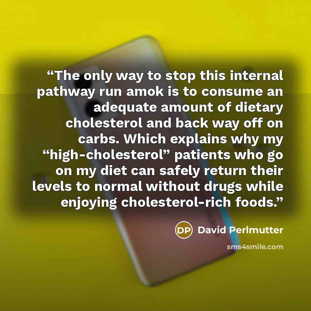 “The only way to stop this internal pathway run amok is to consume an adequate amount of dietary cholesterol and back way off on carbs. Which explains why my “high-cholesterol” patients who go on my diet can safely return their levels to normal without drugs while enjoying cholesterol-rich foods.” quote by David Perlmutter