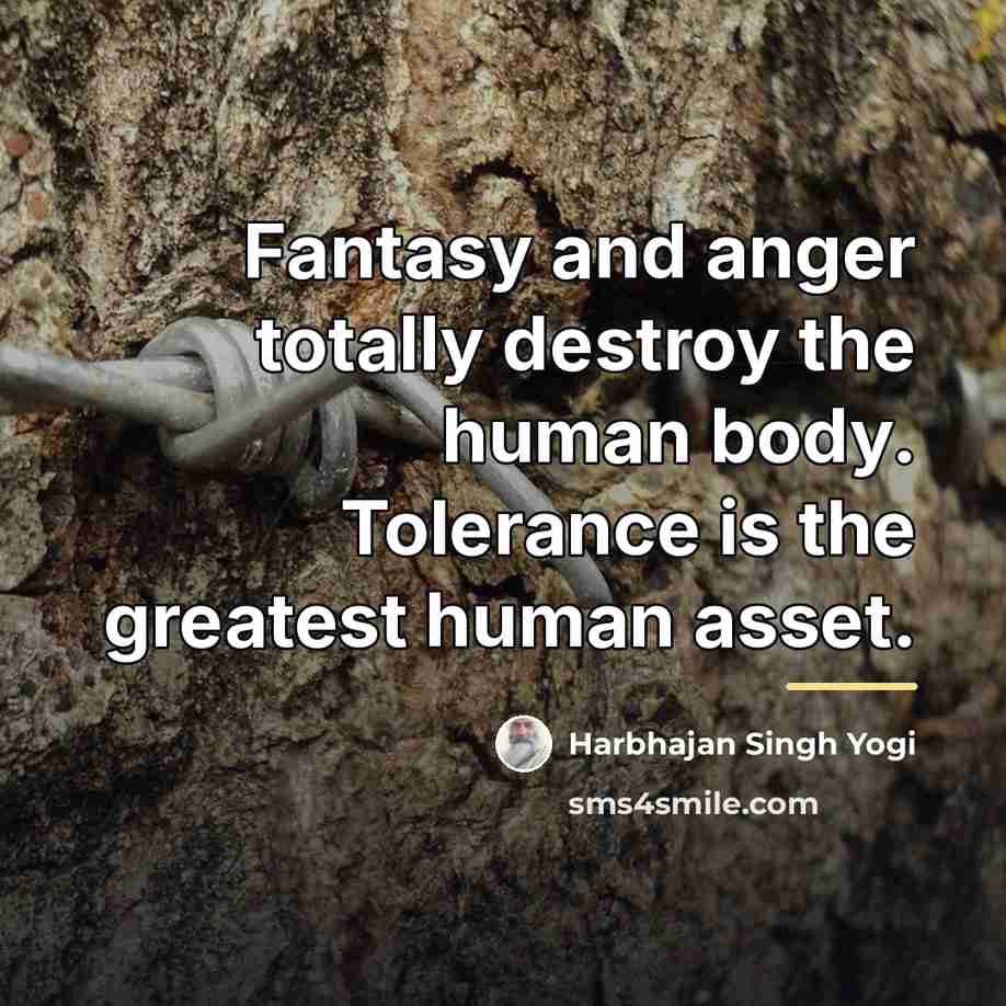 “Fantasy and anger totally destroy the human body. Tolerance is…” quote by Harbhajan Singh Yogi