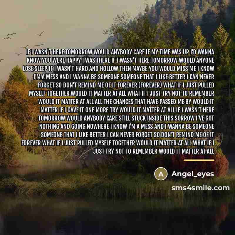 “If I wasn't here tomorrow Would anybody care If my…” quote by Angel_eyes