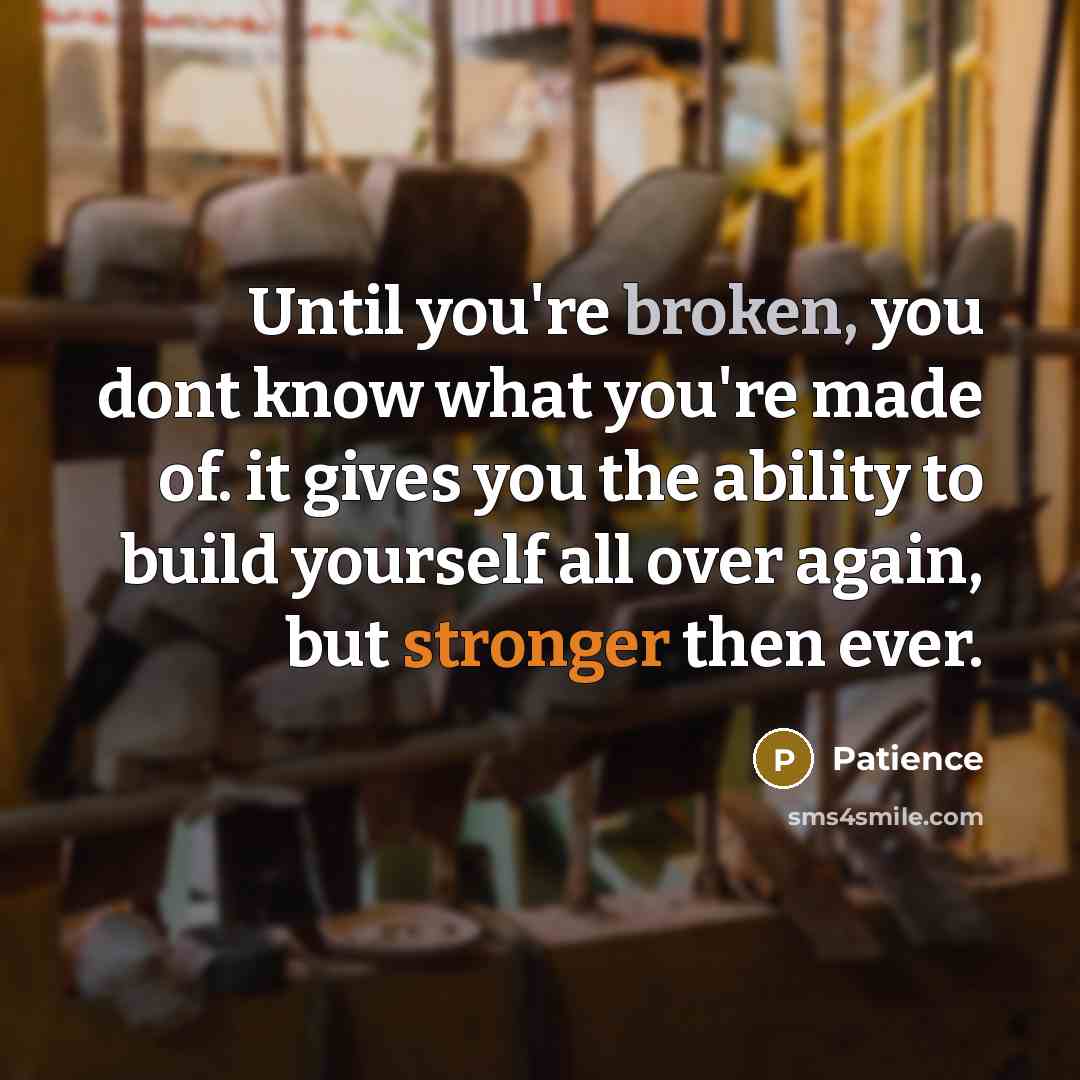 “Until you're broken, you dont know what you're made of. it gives you the ability to build yourself all over again, but stronger then ever.” quote by Patience