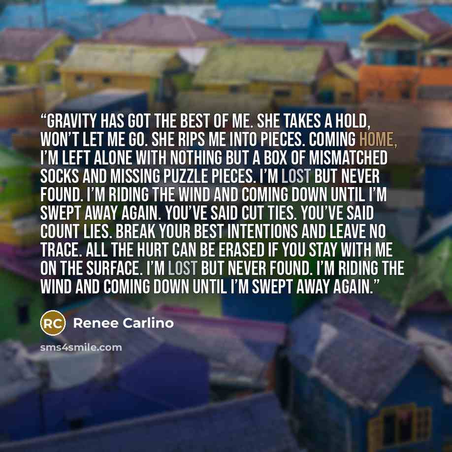 “Gravity has got the best of me. She takes a hold, won’t let me go. She rips me into pieces. Coming home, I’m left alone with nothing but a box of mismatched socks and missing puzzle pieces. I’m lost but never found. I’m riding the wind and coming down until I’m swept away again. You’ve said cut…” quote by Renee Carlino