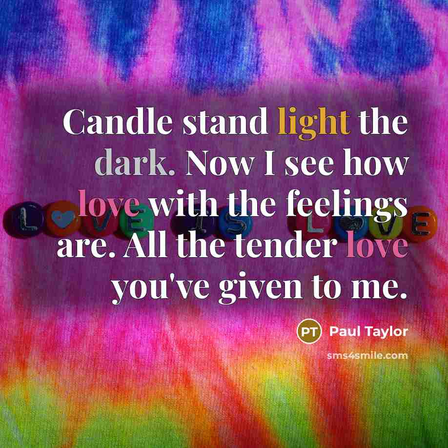 “Candle stand light the dark. Now I see how love with the feelings are. All the tender love you've given to me.” quote by Paul Taylor