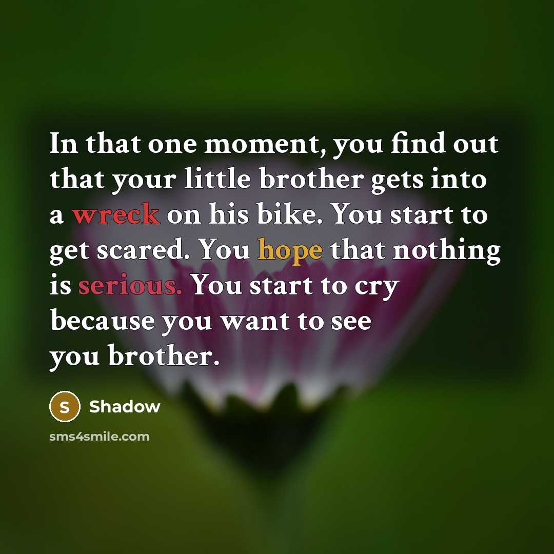 “In that one moment, you find out that your little brother gets into a wreck on his bike. You start to get scared. You hope that nothing is serious. You start to cry because you want to see you brother.” quote by Shadow