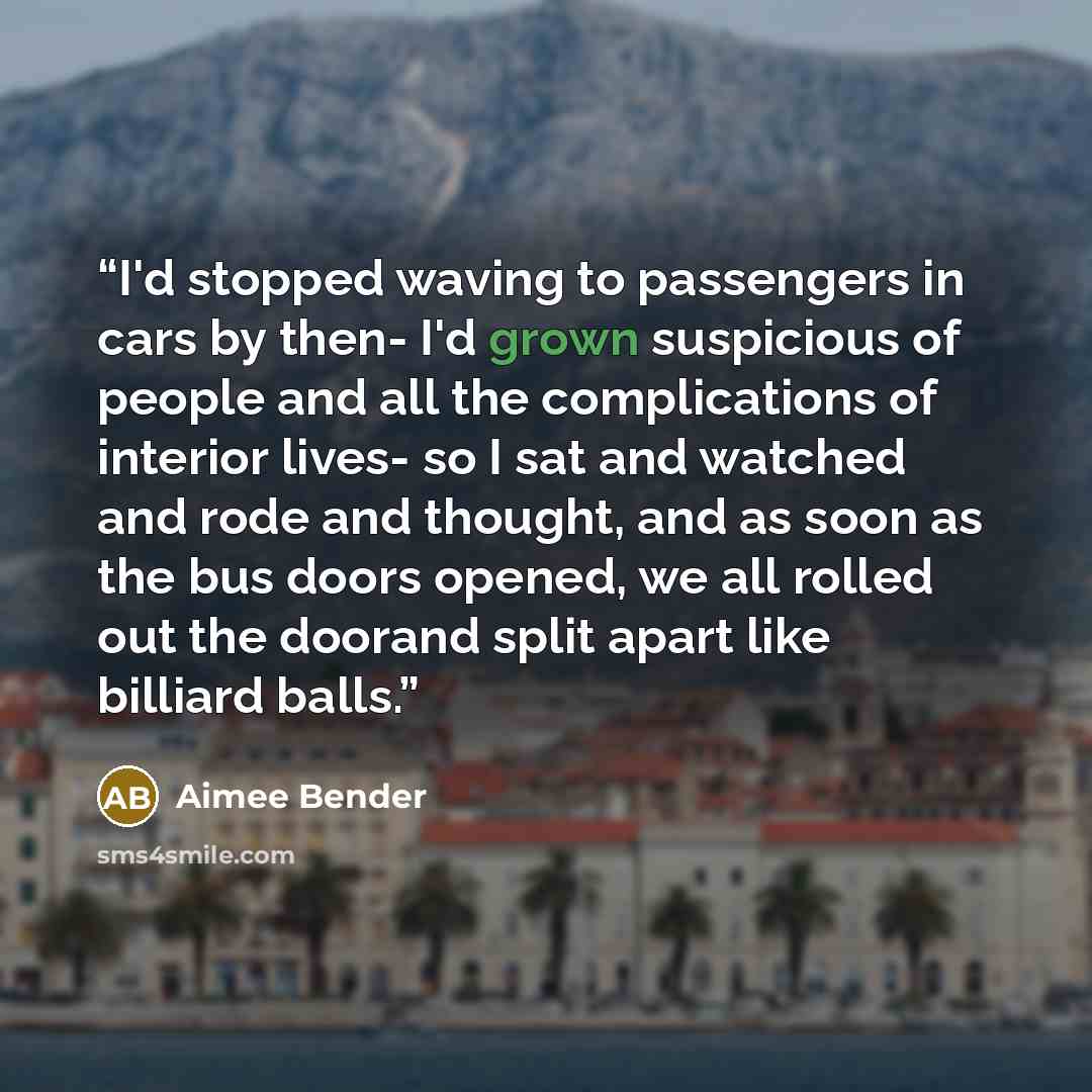 “I'd stopped waving to passengers in cars by then- I'd grown suspicious of people and all the complications of interior lives- so I sat and watched and rode and thought, and as soon as the bus doors opened, we all rolled out the doorand split apart like billiard balls.” quote by Aimee Bender