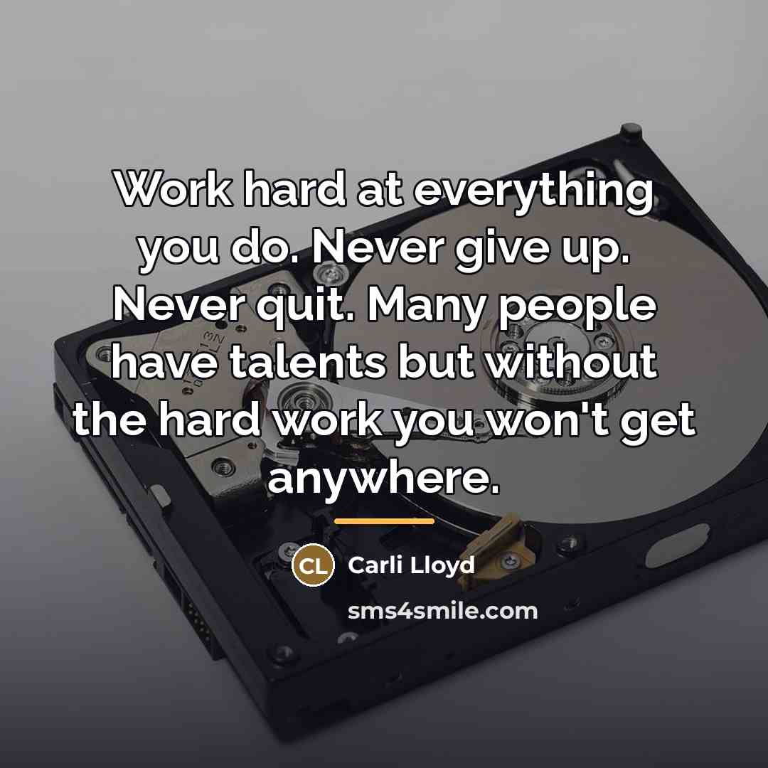 “Work hard at everything you do. Never give up. Never…” quote by Carli Lloyd