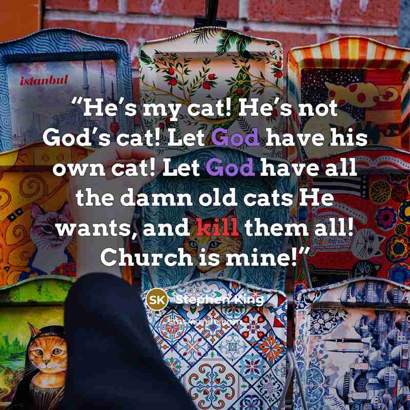 “He’s my cat! He’s not God’s cat! Let God have his own cat! Let God have all the damn old cats He wants, and kill them all! Church is mine!” quote by Stephen King