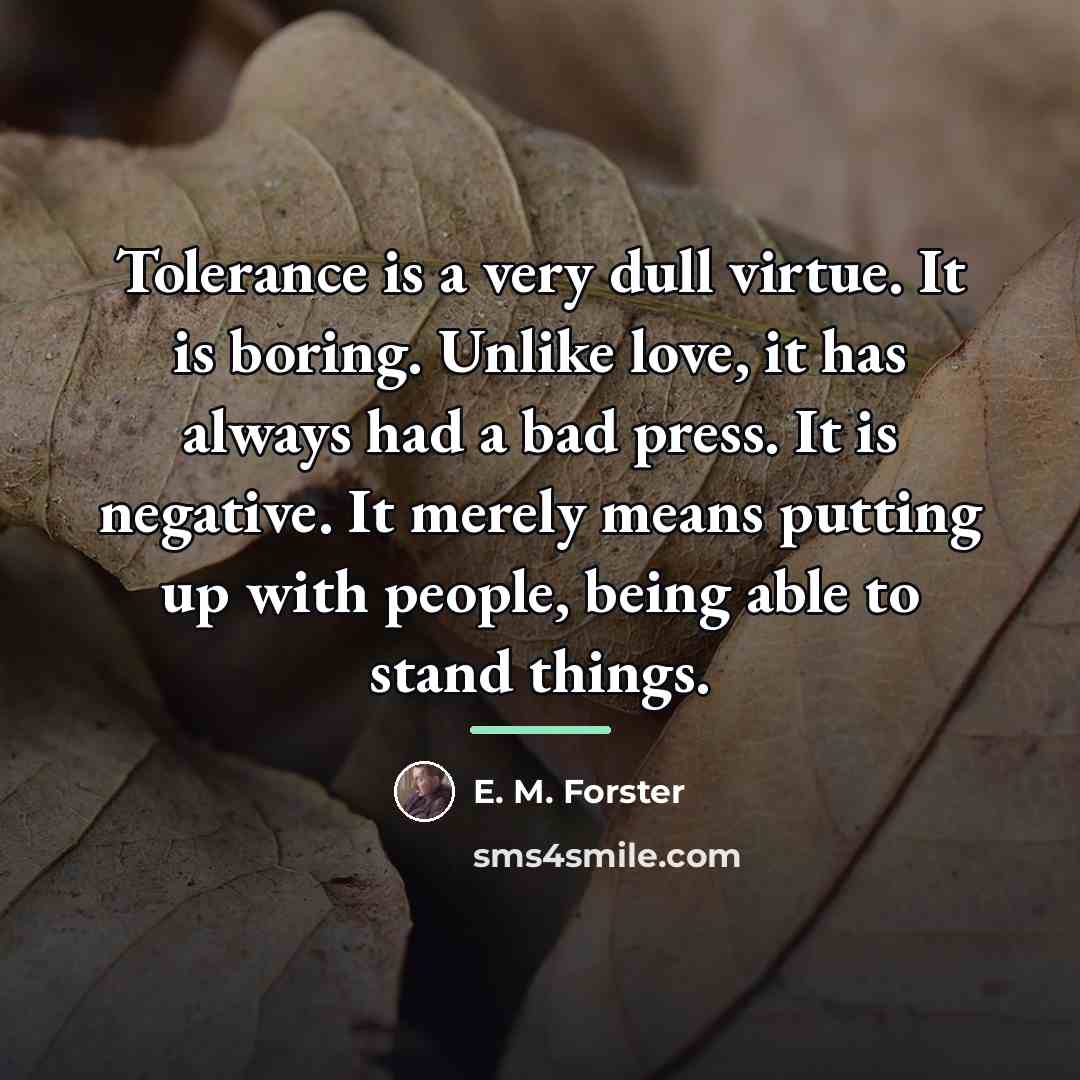 “Tolerance is a very dull virtue. It is boring. Unlike…” quote by E. M. Forster