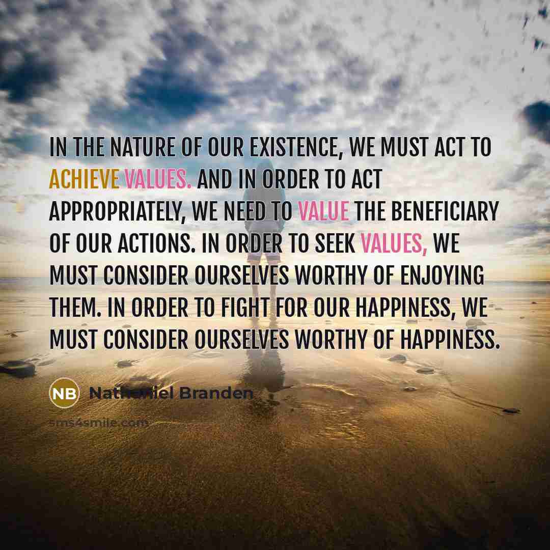 “In the nature of our existence, we must act to…” quote by Nathaniel Branden