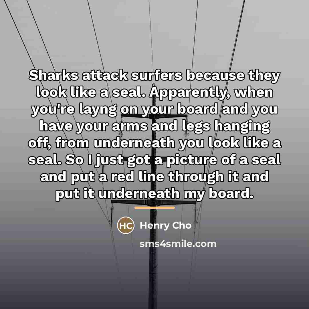 “Sharks attack surfers because they look like a seal. Apparently,…” quote by Henry Cho
