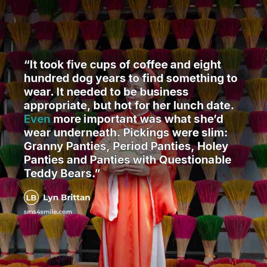 “It took five cups of coffee and eight hundred dog years to find something to wear. It needed to be business appropriate, but hot for her lunch date. Even more important was what she’d wear underneath. Pickings were slim: Granny Panties, Period Panties, Holey Panties and Panties with Questionable…” quote by Lyn Brittan