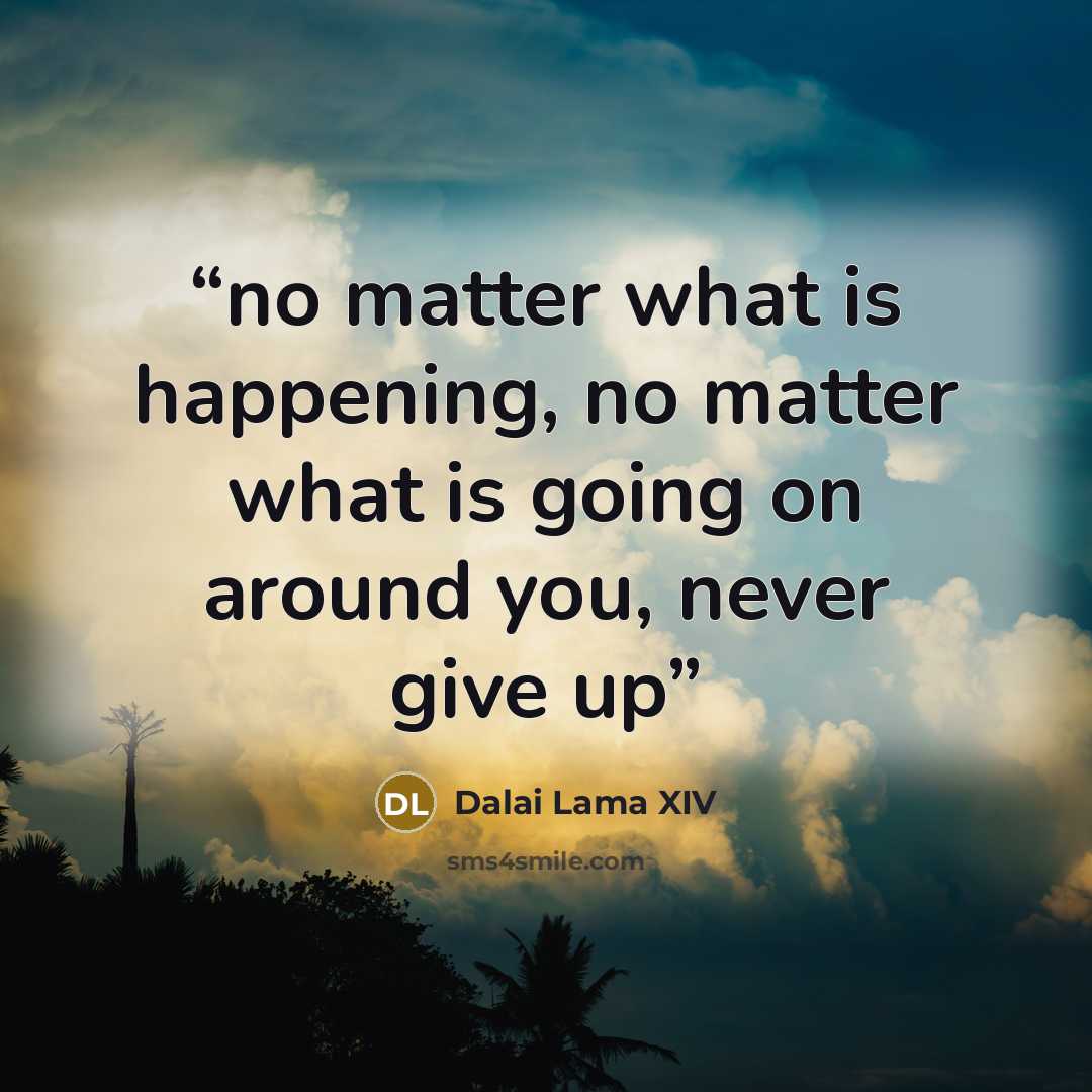“no matter what is happening, no matter what is going on around you, never give up” quote by Dalai Lama XIV