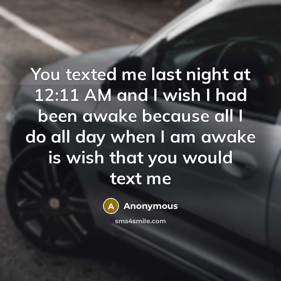“You texted me last night at 12:11 AM and I wish I had been awake because all I do all day when I am awake is wish that you would text me” quote by Anonymous