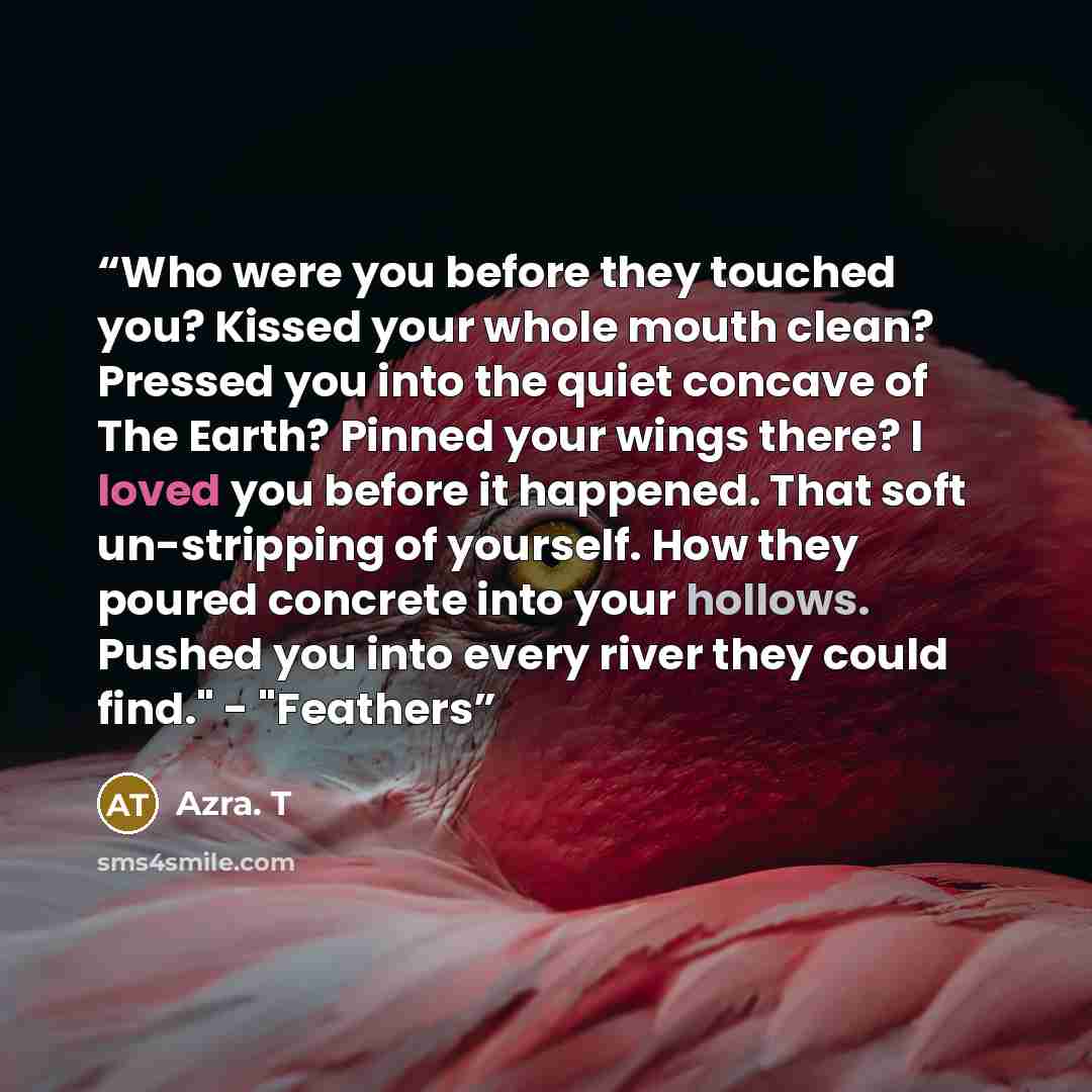 “Who were you before they touched you? Kissed your whole mouth clean? Pressed you into the quiet concave of The Earth? Pinned your wings there? I loved you before it happened. That soft un-stripping of yourself. How they poured concrete into your hollows. Pushed you into every river they could…” quote by Azra. T