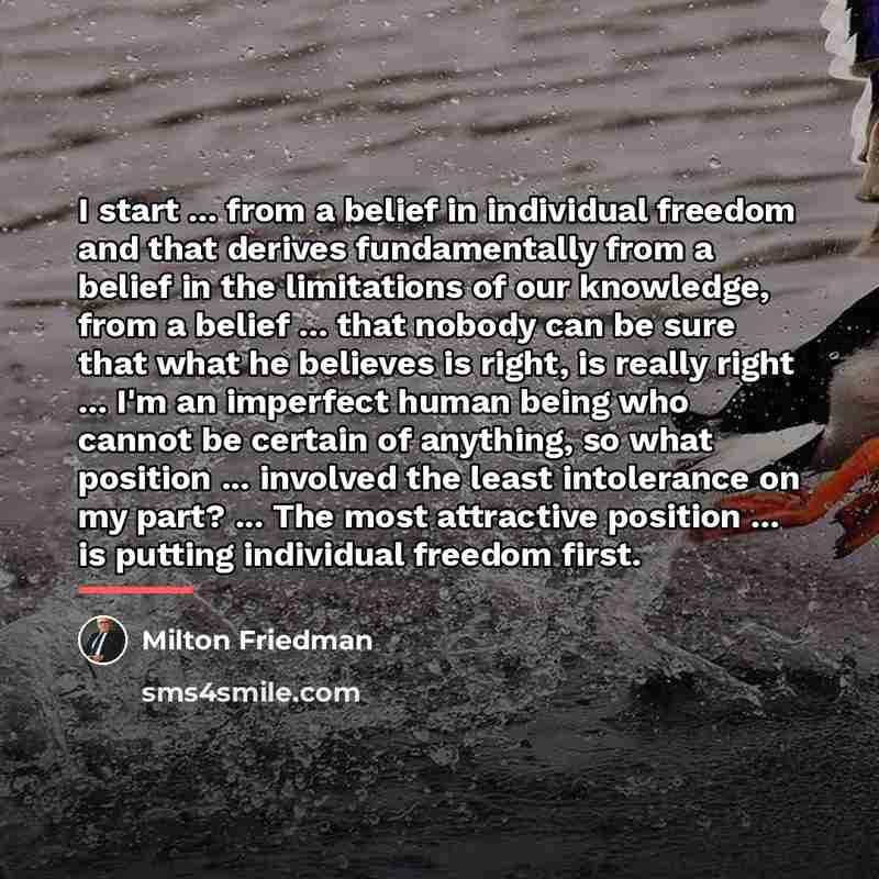 “I start ... from a belief in individual freedom and…” quote by Milton Friedman